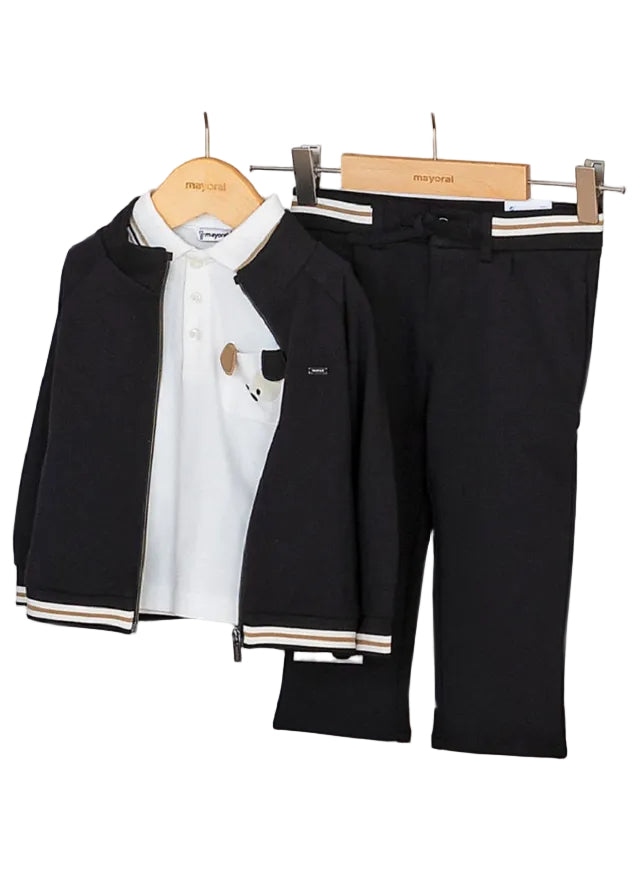Mayoral Baby Boys Smart Black Jacket paired with jogging trousers  in premium viscose blend. Features soft, breathable fabric with secure zipper closure for effortless dressing.