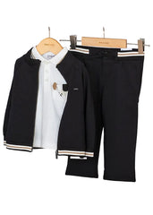 Mayoral Baby Boys Smart Black Jacket paired with jogging trousers  in premium viscose blend. Features soft, breathable fabric with secure zipper closure for effortless dressing.