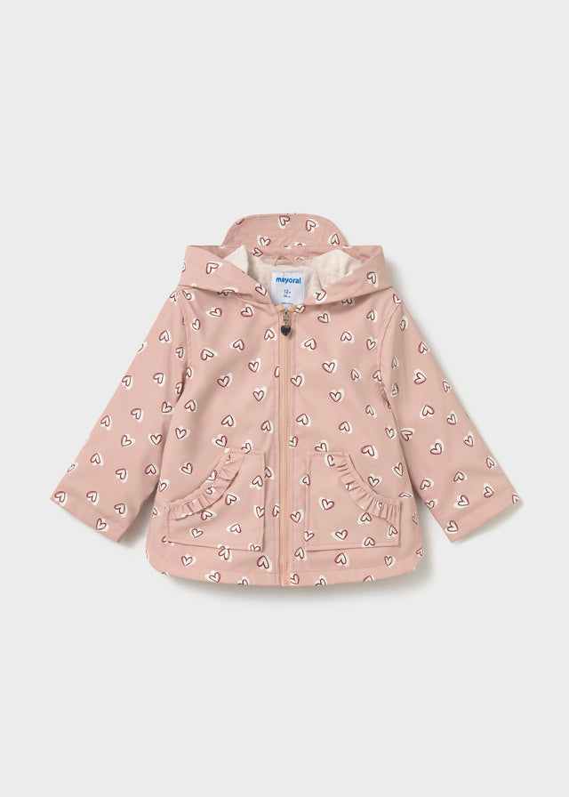 Mayoral Baby Girls Raincoat with charming heart print. Water-resistant polyester and polyurethane exterior with soft polyester lining. Perfect for rainy days in style.