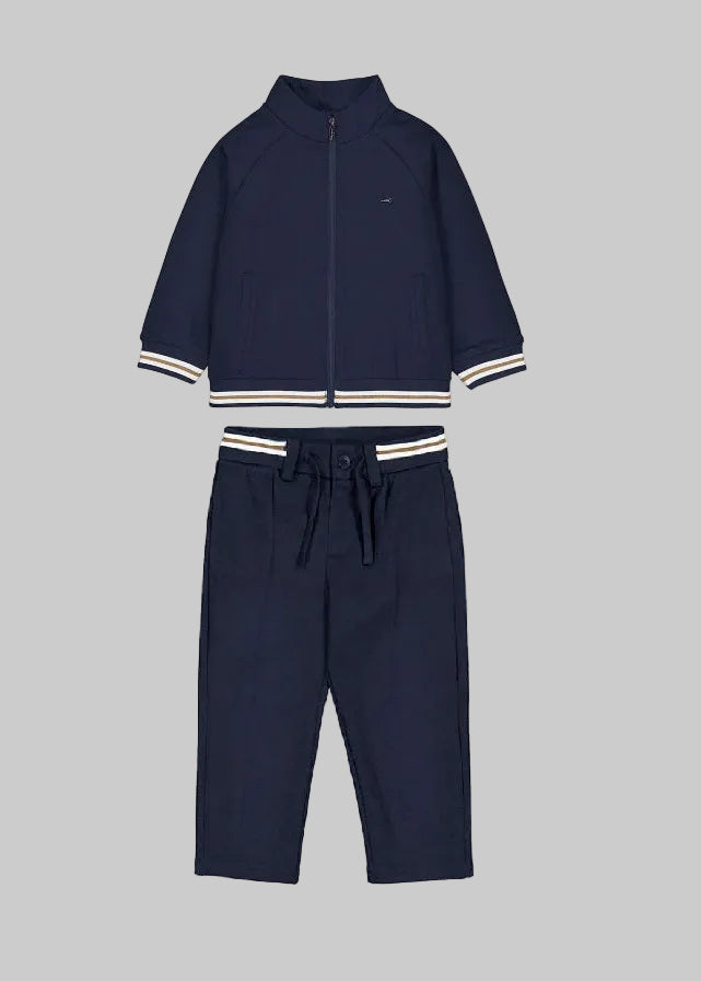 Mayoral Baby Boys Smart Blue Jacket paired with jogging trousers in premium viscose blend. Features soft, breathable fabric with secure zipper closure for effortless dressing.