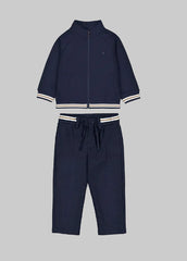 Mayoral Baby Boys Smart Blue Jacket paired with jogging trousers in premium viscose blend. Features soft, breathable fabric with secure zipper closure for effortless dressing.