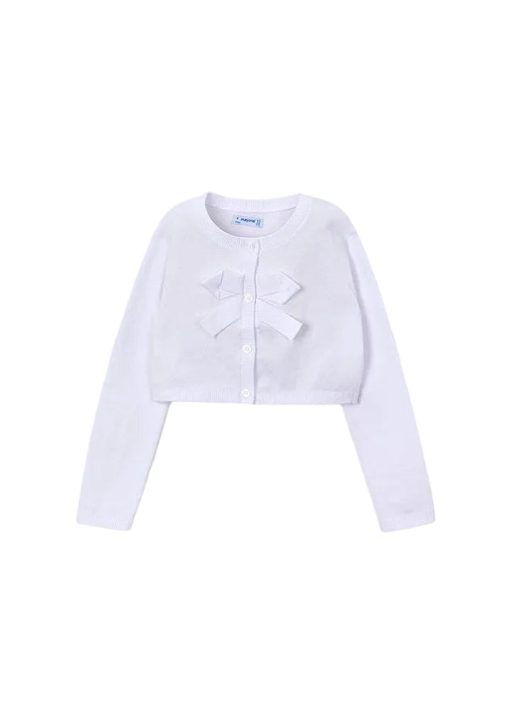A soft knit tricot cardigan by Mayoral in classic white.