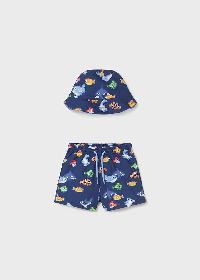 Mayoral Children's swim set with blue sun hat and navy shorts