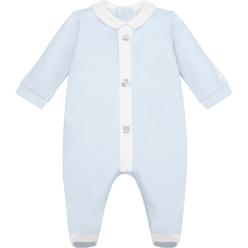 EMILE et ROSE Light blue baby onesie with white collar and buttons it with hat