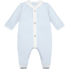 EMILE et ROSE Light blue baby onesie with white collar and buttons it with hat
