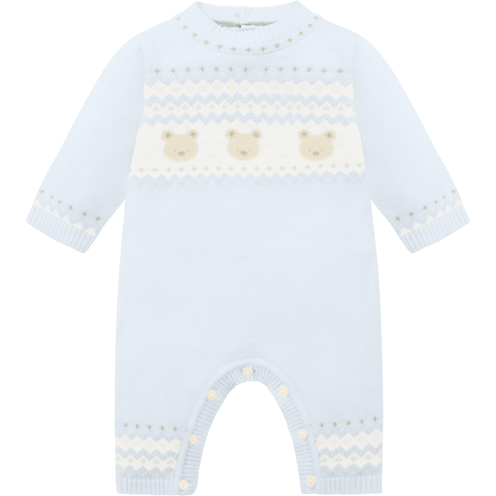 EMILE Light blue baby knitted All In One with bear pattern and matching hat