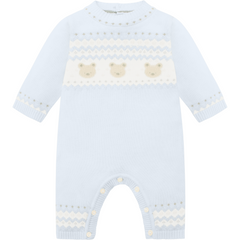 EMILE Light blue baby knitted All In One with bear pattern and matching hat