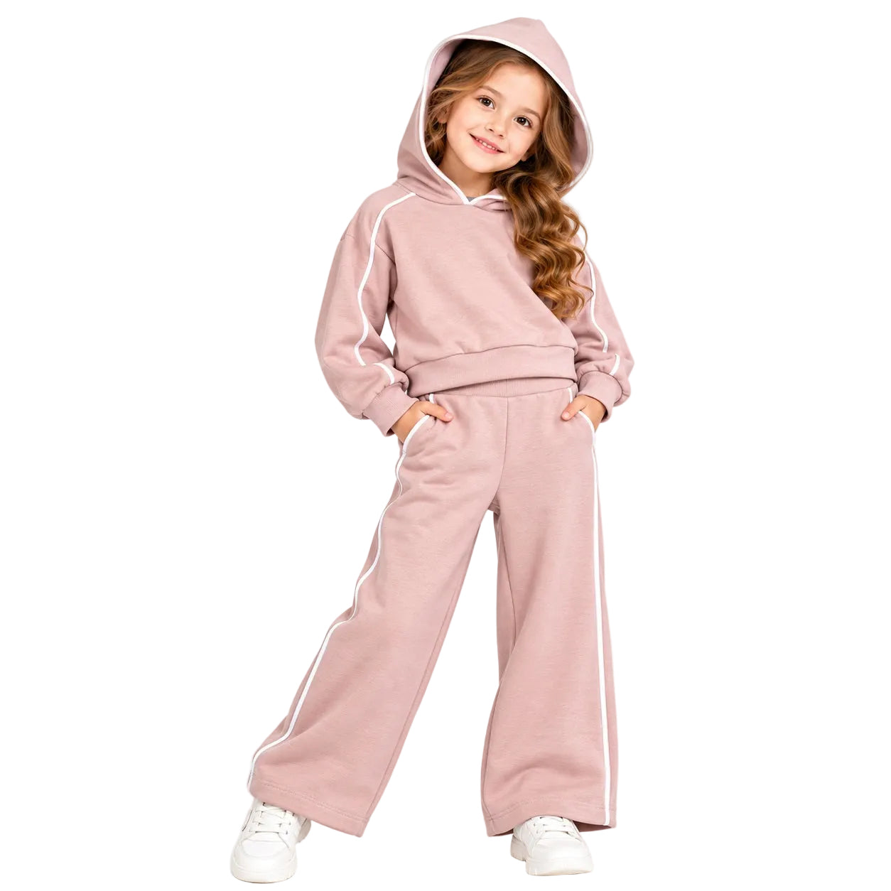 Girls matching two-piece tracksuit in dusty pink, featuring a pullover hoodie with white piping and matching wide-leg sweatpants with white side stripes.
