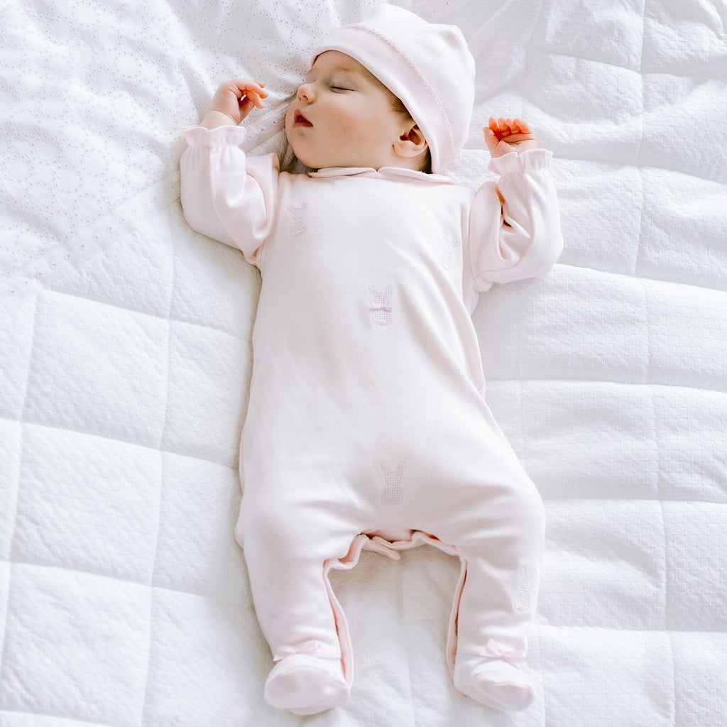 EMILE et ROSE Kallie Small embroidered pink &amp; white bunnies adorn the front of this lovely little babygrow