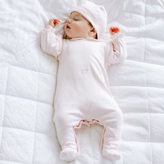 EMILE et ROSE Kallie Small embroidered pink &amp; white bunnies adorn the front of this lovely little babygrow