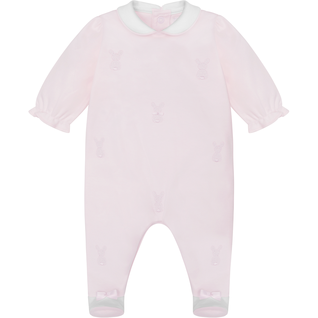 EMILE et ROSE Kallie Small embroidered pink &amp; white bunnies adorn the front of this lovely little babygrow