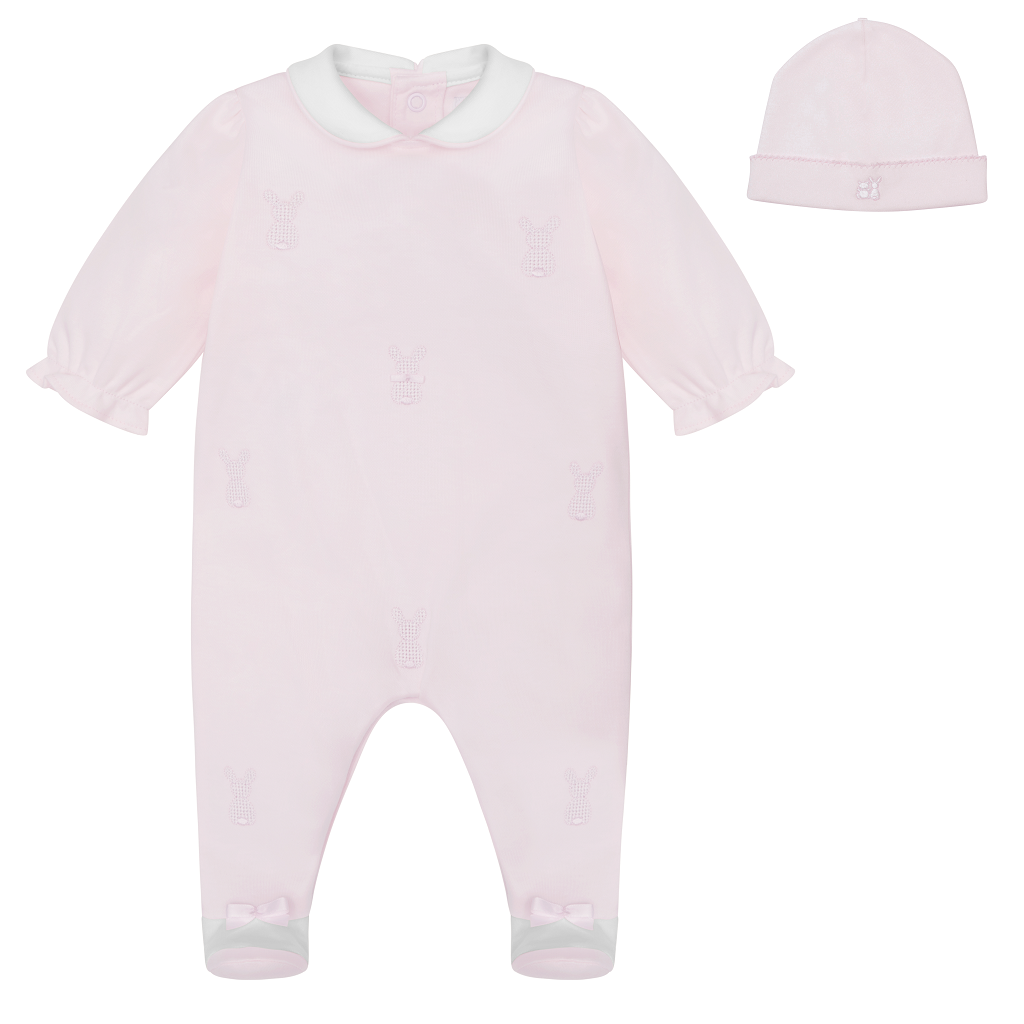 EMILE et ROSE Kallie Small embroidered pink &amp; white bunnies adorn the front of this lovely little babygrow