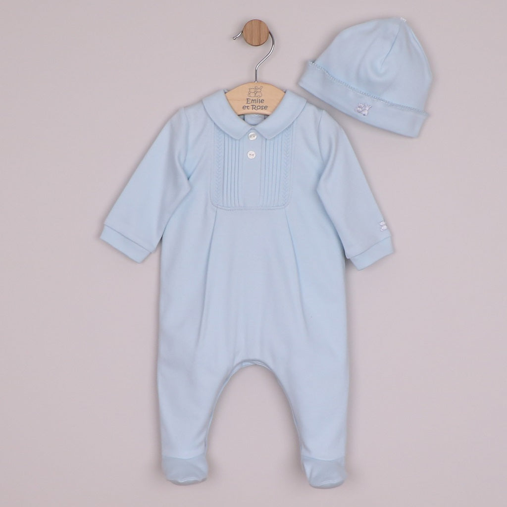 Emile et Rose Michael is a lovely baby boys’ outfit that represents traditional baby clothes at their best. A beautifully embroidered, square yoke with feather stitch embroidery and tiny vertical pintuck pleats, take centre stage. Framed by a little collar, two pearlised buttons and a cosy matching pull on hat add lovely finishing touches to this set.