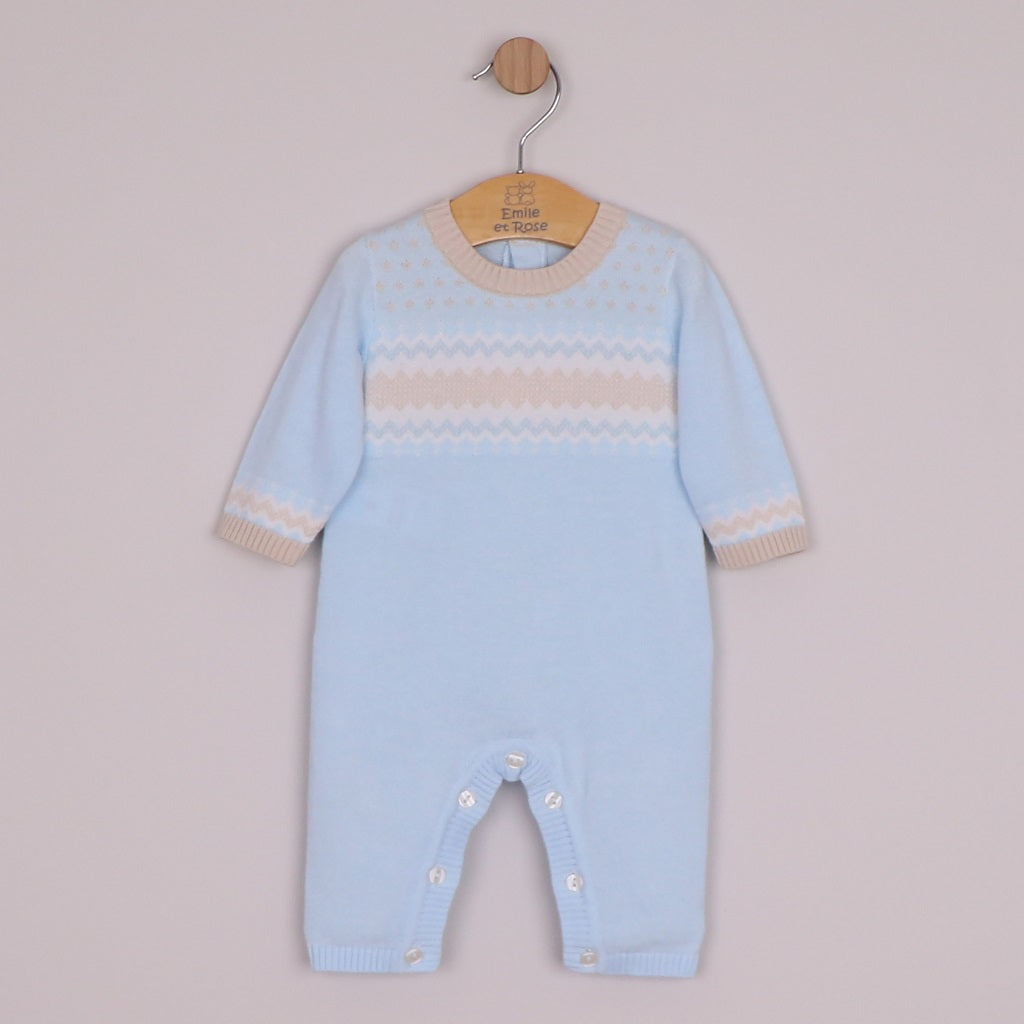 EMILE et ROSE Magnus. Perfect for winter walks, this super cosy knitted outfit in pale blue, with a simple round neck, the white and stone chevron and zig-zag Scandi design is very striking and modern. Pearlised buttons add additional interest and aid easy access for changing.