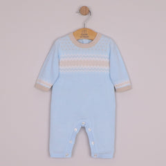 EMILE et ROSE Magnus. Perfect for winter walks, this super cosy knitted outfit in pale blue, with a simple round neck, the white and stone chevron and zig-zag Scandi design is very striking and modern. Pearlised buttons add additional interest and aid easy access for changing.
