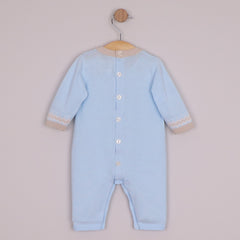 EMILE et ROSE Magnus. Perfect for winter walks, this super cosy knitted outfit in pale blue, with a simple round neck, the white and stone chevron and zig-zag Scandi design is very striking and modern. Pearlised buttons add additional interest and aid easy access for changing.