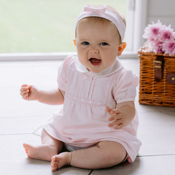 EMILE ET ROSE All in cool, pink cotton stretch jersey, Freya is a gorgeous 2 in 1 romper dress. 