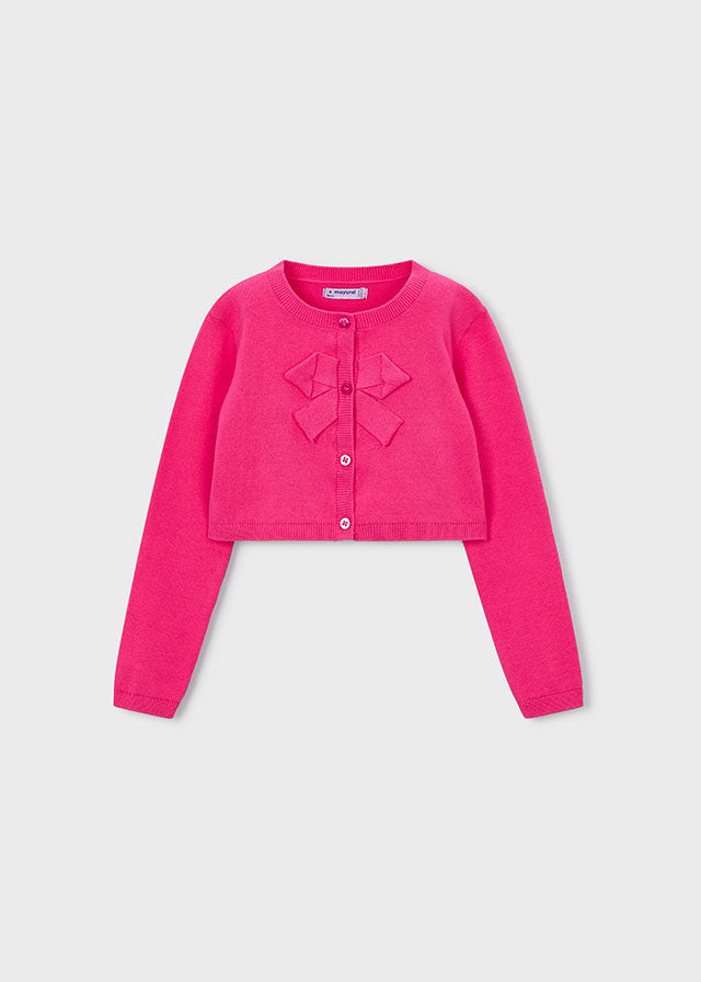 Mayoral Girls pink cardigan with bow details.