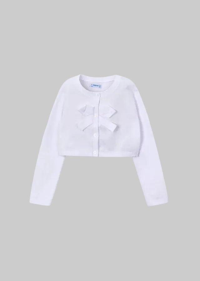 Girls soft knit tricot cardigan by Mayoral in classic white.