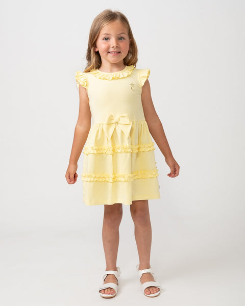 Tiered Frilled Dress with Bow Lemon