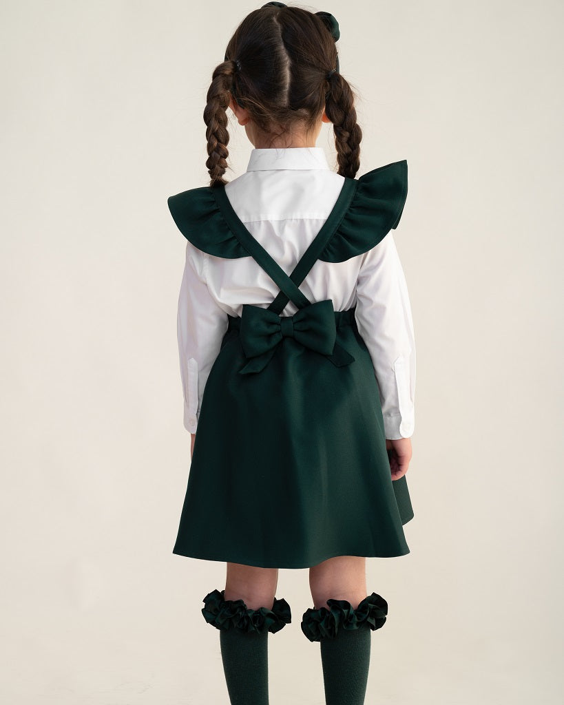BTS Bottle Green Flared Pinafore with Bow