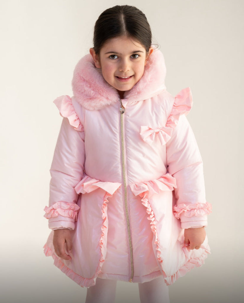 Caramelo Kids Fur Trim Hood Peplum Coat Pink