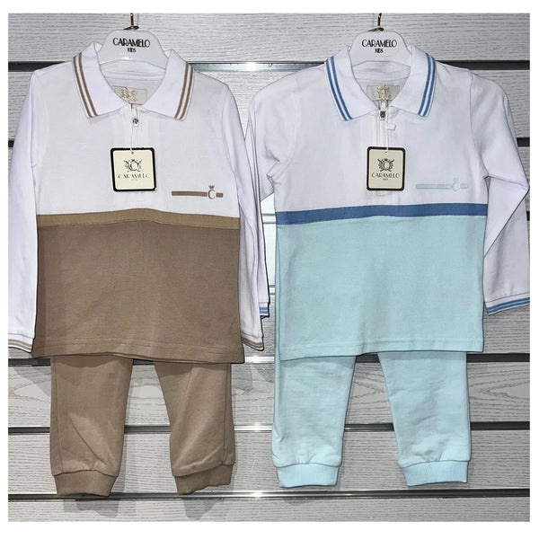 Boys Pique Zip Neck Polo Set Beige