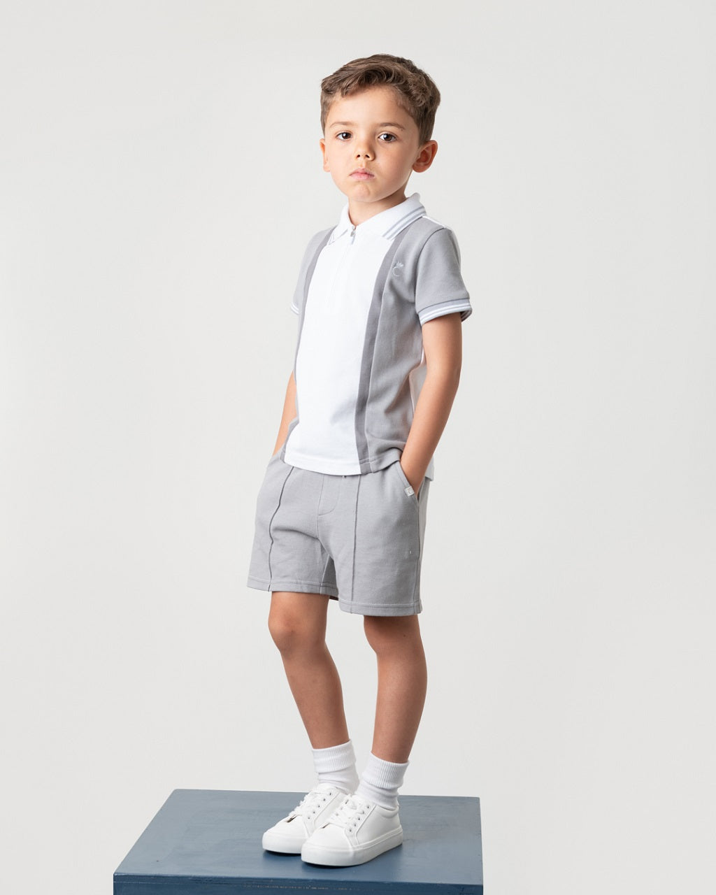 Contrast Zip Polo Short Set Grey