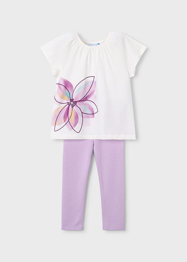 Mayoral girls White t-shirt with a colorful flower design and mauve leggings to match