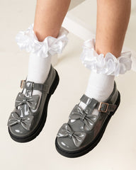 Caramelo BTS Double Bow School Shoes Grey