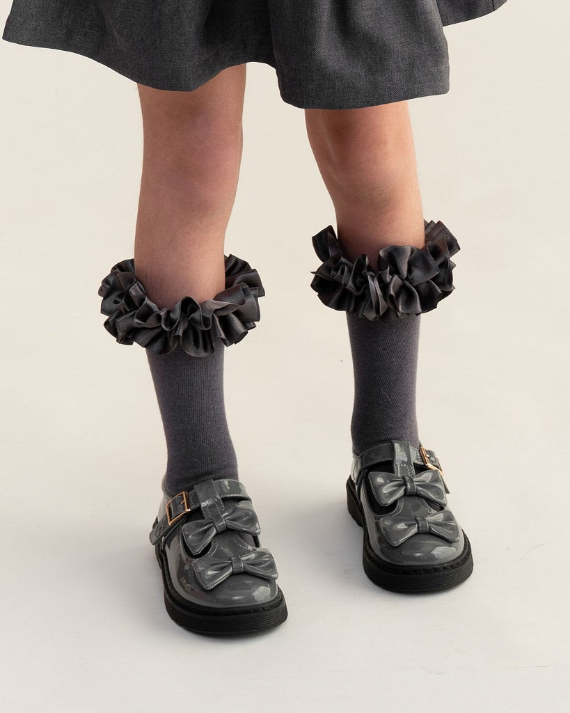 Caramelo BTS Double Bow School Shoes Grey