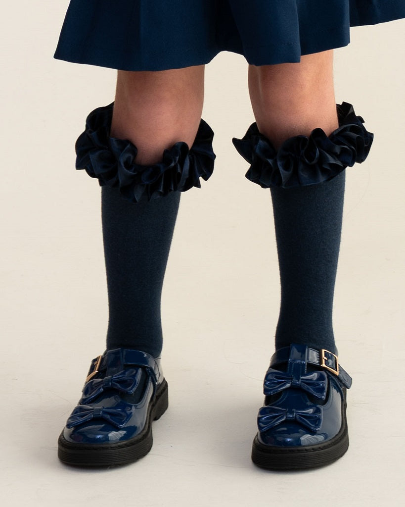 Caramelo BTS Double Bow School Shoes Navy