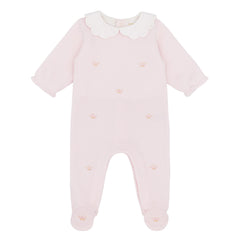 Luxurious footie handcrafted in Peru with a charming embroidered crowns motif in pale pink and gold. Enclosed feet provide all-over warmth and cosiness, making it perfect for keeping baby cosy day and night. A special gift for a new baby girls from the Adriana Mae collection.