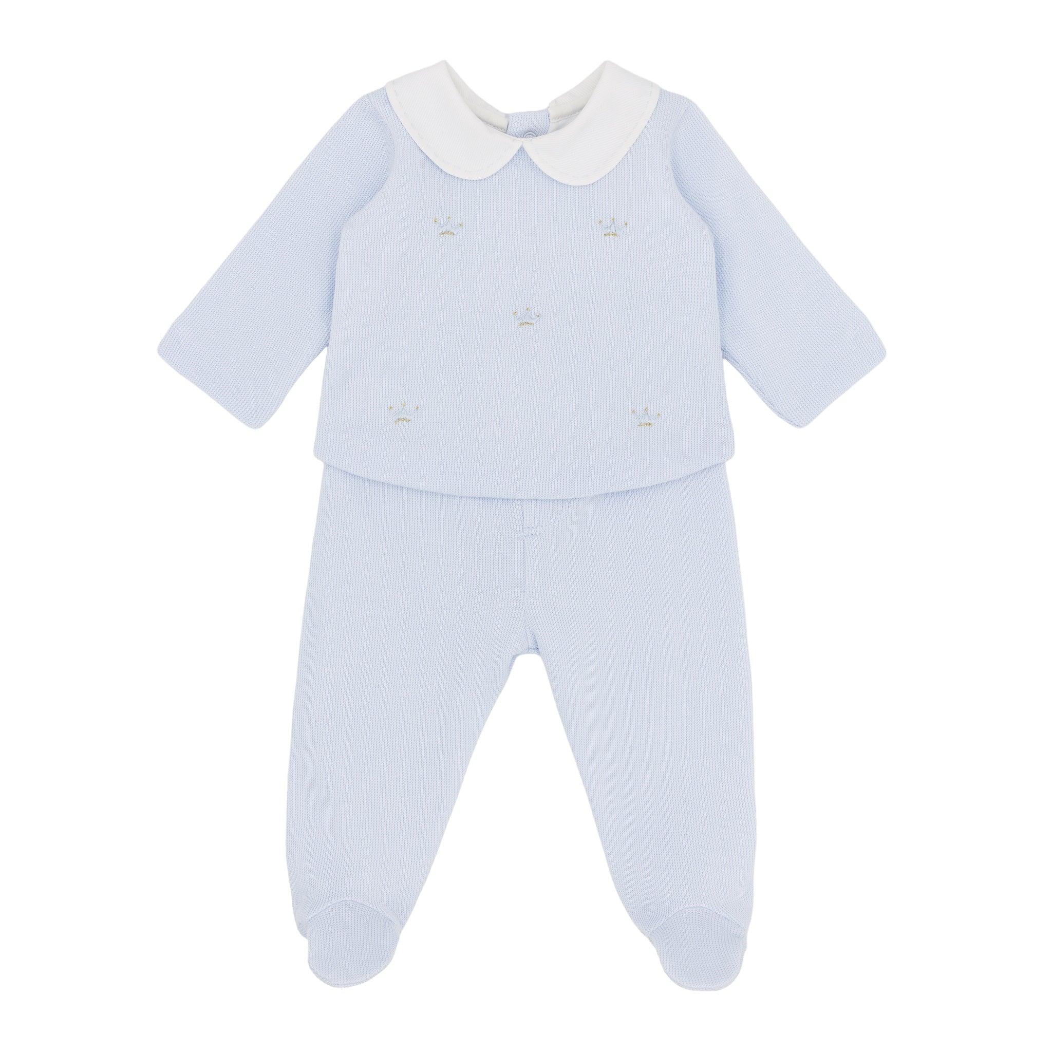 Luxurious 2 piece trouser set handcrafted in Peru with charming embroidered crowns motif in classic blue. Perfect for keeping baby cosy day and night. A special gift for a new baby boy from the Adriana Mae collection.