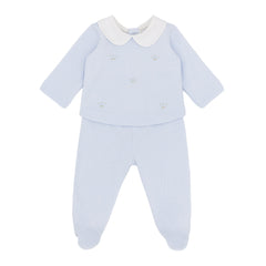 Luxurious 2 piece trouser set handcrafted in Peru with charming embroidered crowns motif in classic blue. Perfect for keeping baby cosy day and night. A special gift for a new baby boy from the Adriana Mae collection.