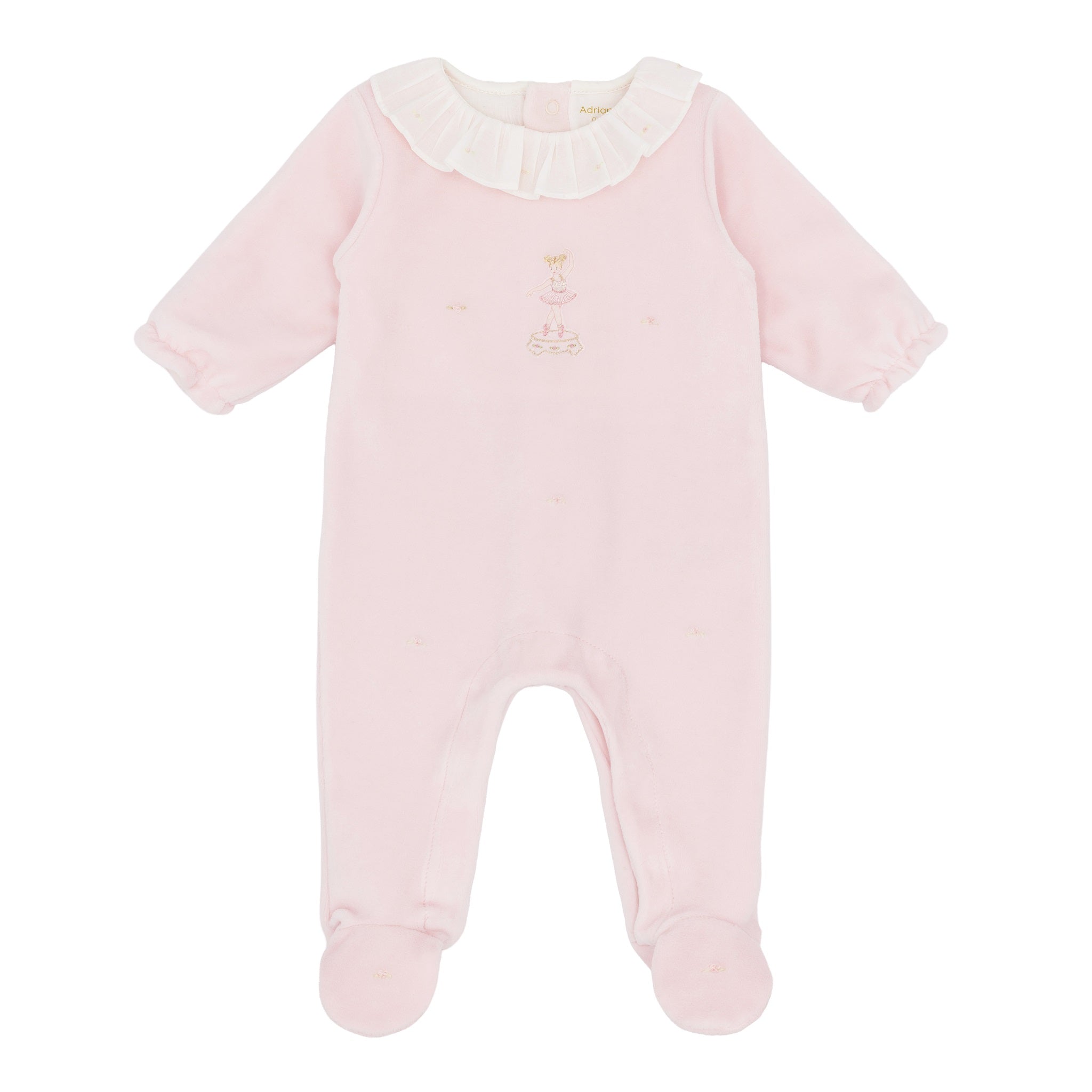 Luxurious footie handcrafted in Peru with a charming embroidered ballerina motif in pale pink. Enclosed feet provide all-over warmth and cosiness, making it perfect for keeping baby cosy day and night. A special gift for a new baby girls from the Adriana Mae collection.