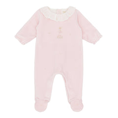 Luxurious footie handcrafted in Peru with a charming embroidered ballerina motif in pale pink. Enclosed feet provide all-over warmth and cosiness, making it perfect for keeping baby cosy day and night. A special gift for a new baby girls from the Adriana Mae collection.