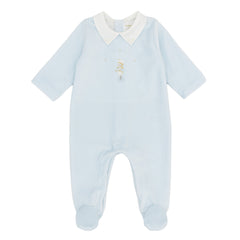 Luxurious velour footie handcrafted in Peru with a charming embroidered tiny soldier motif in classic blue. Enclosed feet provide all-over warmth and cosiness, making it perfect for keeping baby cosy day and night. A special gift for a new baby boy from the Adriana Mae collection.