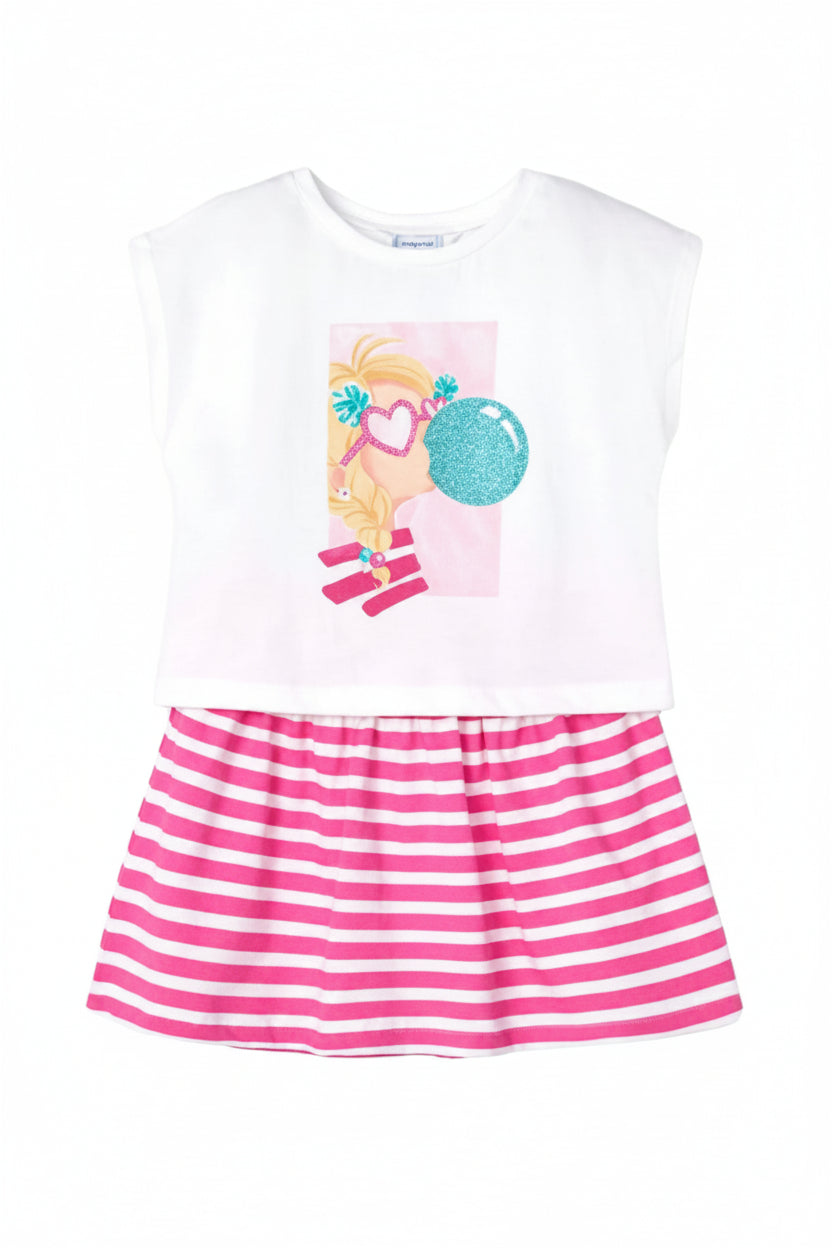 Mayoral sleeveless children's white top featuring a cartoon graphic, and a pink and white striped skirt.