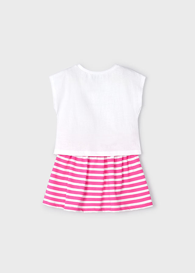 Mayoral sleeveless children's white top featuring a cartoon graphic, and a pink and white striped skirt.
