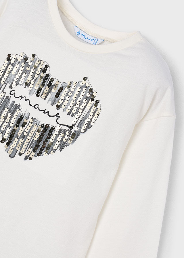 Mayoral long-sleeved girls' amour heart print t-shirt in natural and black.