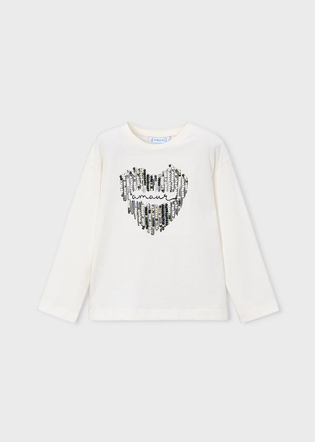 Mayoral long-sleeved girls' amour heart print t-shirt in natural and black.