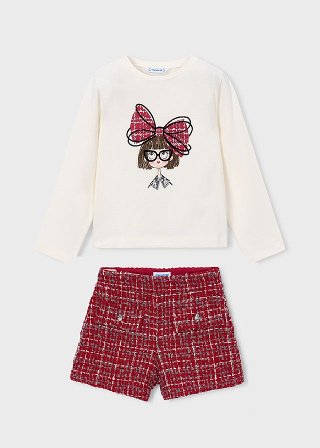 Dress top perfectly matched with classic tweed style bermuda shorts in rich red, crafted by Mayoral for effortless style.