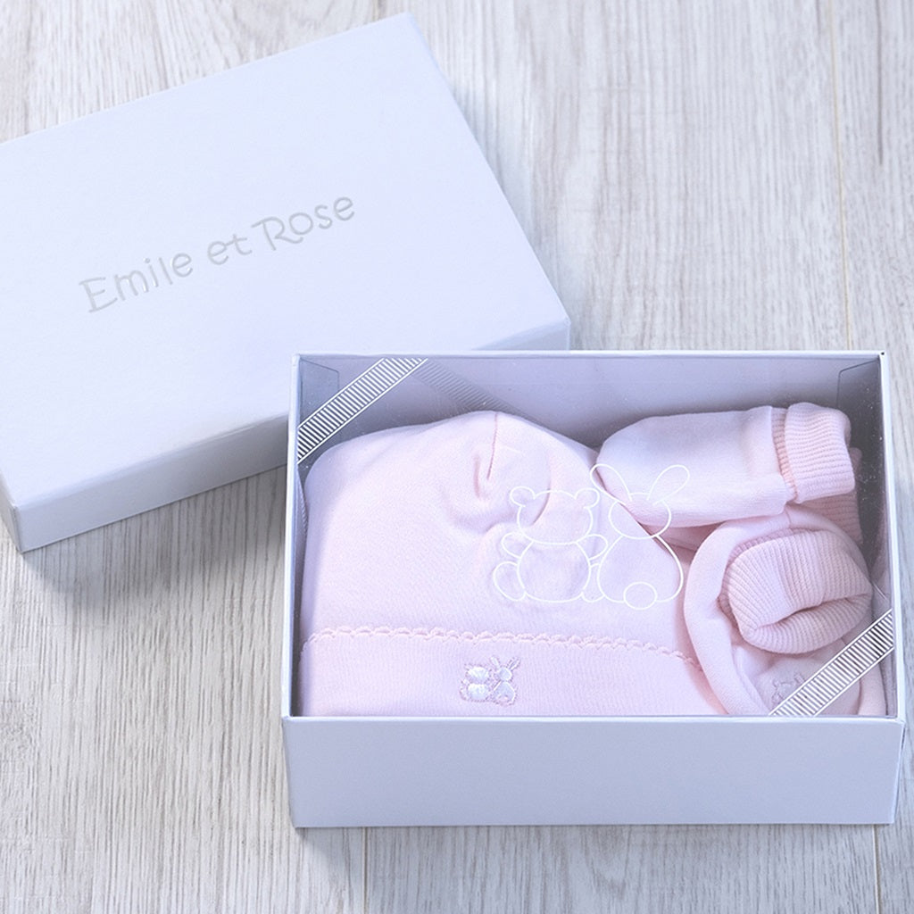 Pink baby hat, mitts and booties set with 'Emile et Rose' box