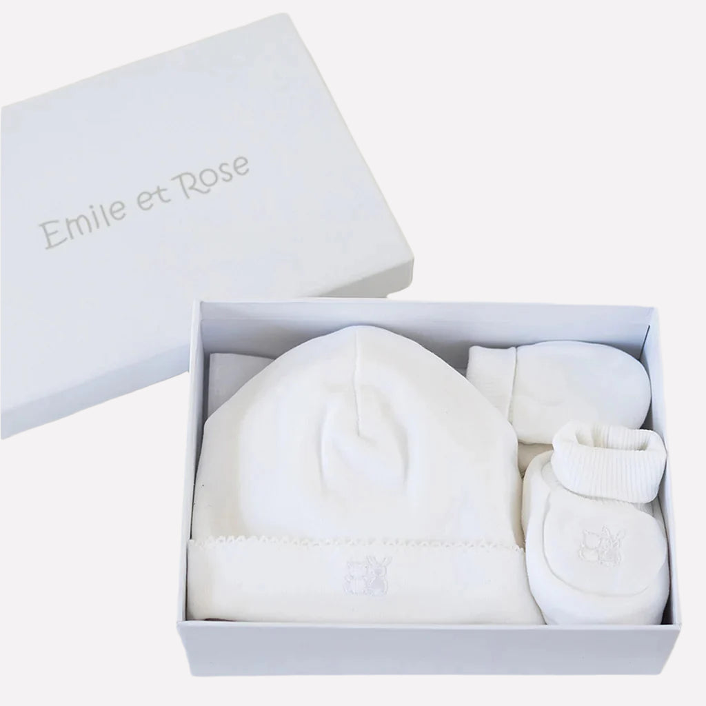 NOX White baby hat mitts and booties set in a box with 'Emile et Rose' branding.