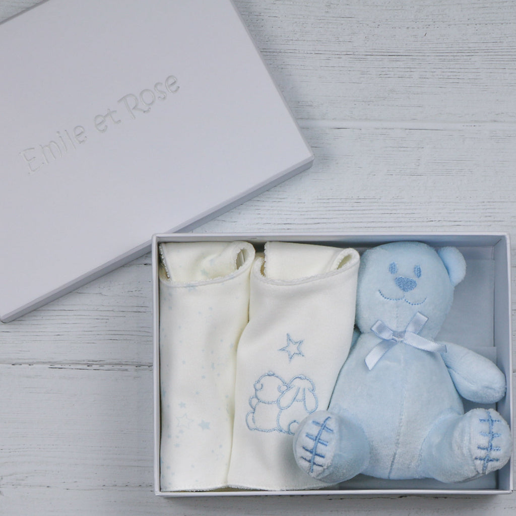 Gift Set containing the lovable Emile blue bear and 2 practical bibs, one with pale blue star print and the other with embroidered Emile and Rose, they are made from soft cotton and towelling mix.