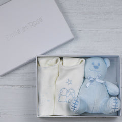 Gift Set containing the lovable Emile blue bear and 2 practical bibs, one with pale blue star print and the other with embroidered Emile and Rose, they are made from soft cotton and towelling mix.