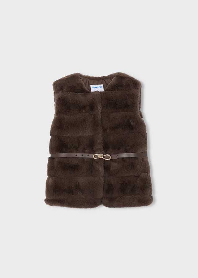 Mayoral Girls Fur Gilet with Belt in coffee. Lightweight layering piece featuring faux fur detailing and an adjustable belt