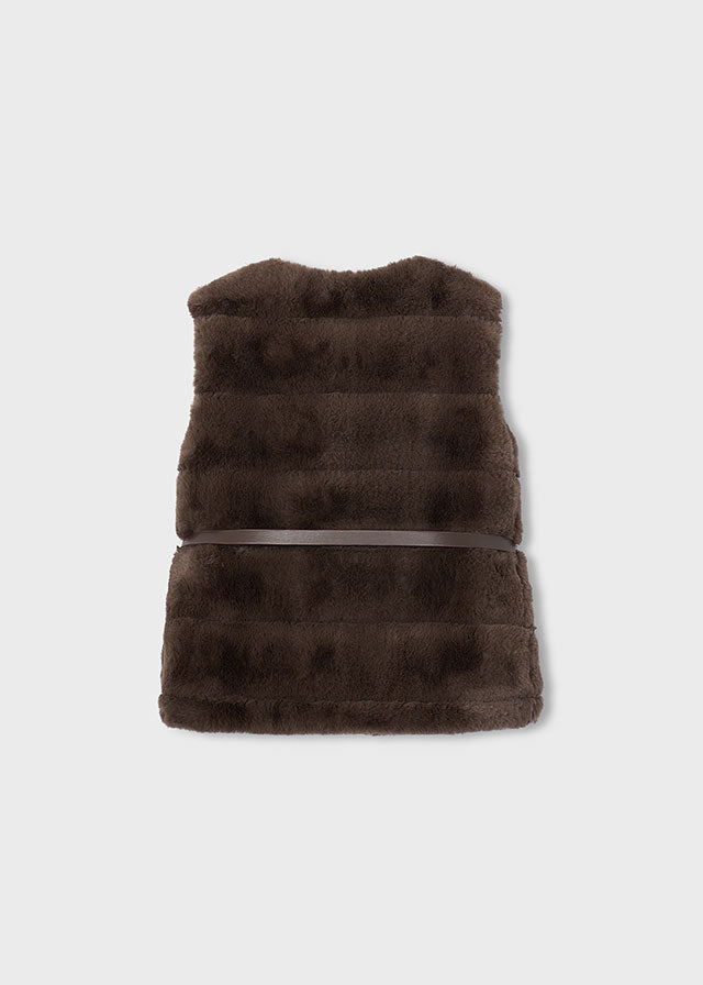 Mayoral Girls Fur Gilet with Belt in coffee. Lightweight layering piece featuring faux fur detailing and an adjustable belt