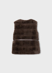 Mayoral Girls Fur Gilet with Belt in coffee. Lightweight layering piece featuring faux fur detailing and an adjustable belt